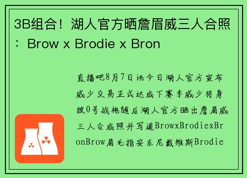 3B组合！湖人官方晒詹眉威三人合照：Brow x Brodie x Bron