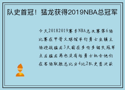 队史首冠！猛龙获得2019NBA总冠军