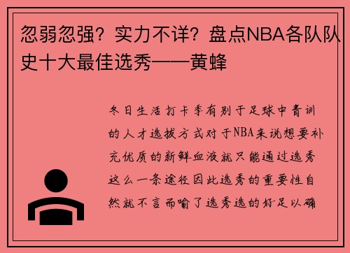 忽弱忽强？实力不详？盘点NBA各队队史十大最佳选秀——黄蜂